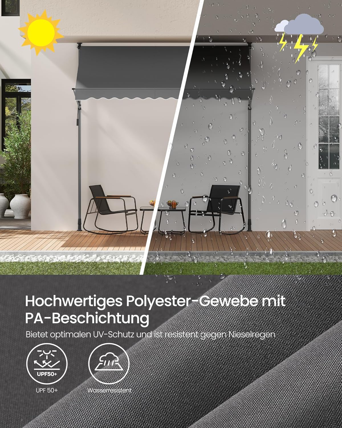 Thumbnail 6 de SONGMICS Klemmmarkise für Balkon und Terrasse, höhenverstellbar mit Handkurbel, 250 x 120 cm, grau GSA252G01