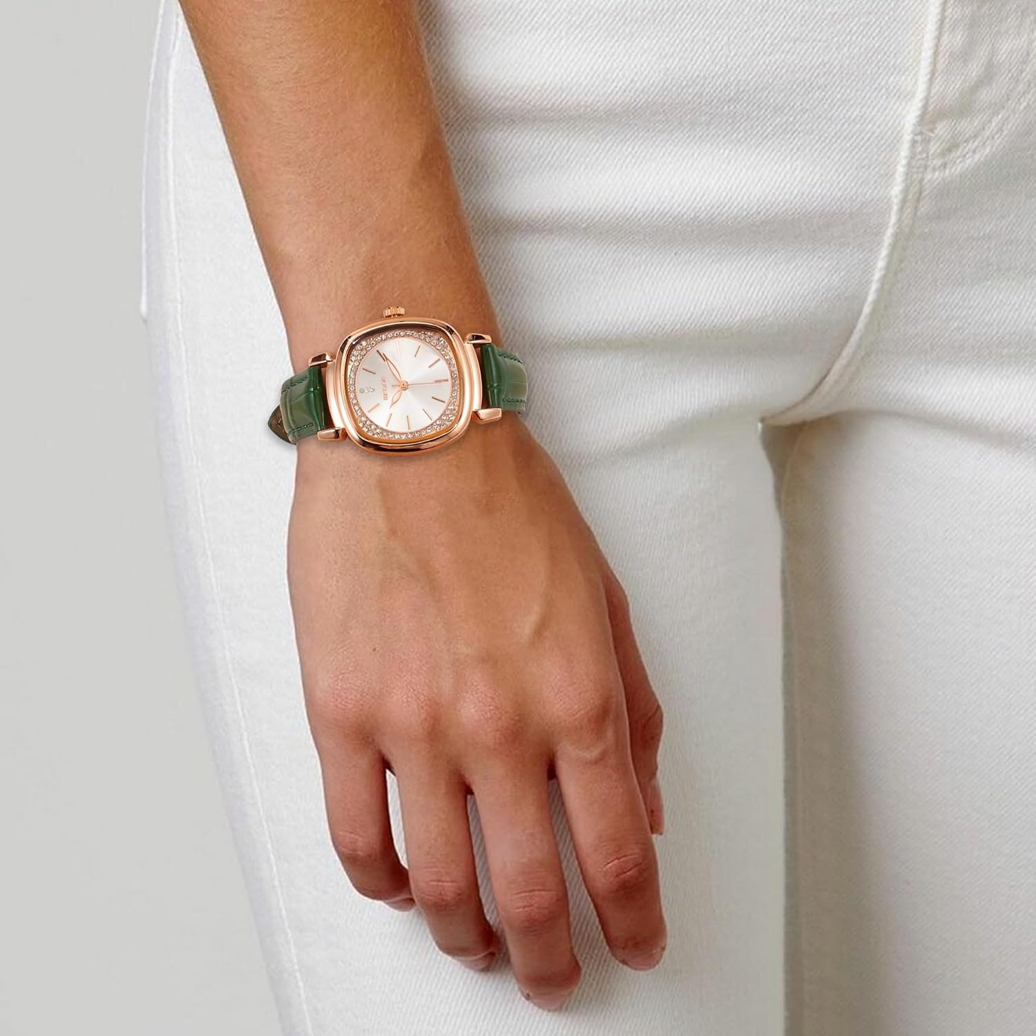 Detalle 2 de JSDDE Damen Armbanduhr mit Lederarmband – Elegant, Roségold Gehäuse, Quarzwerk