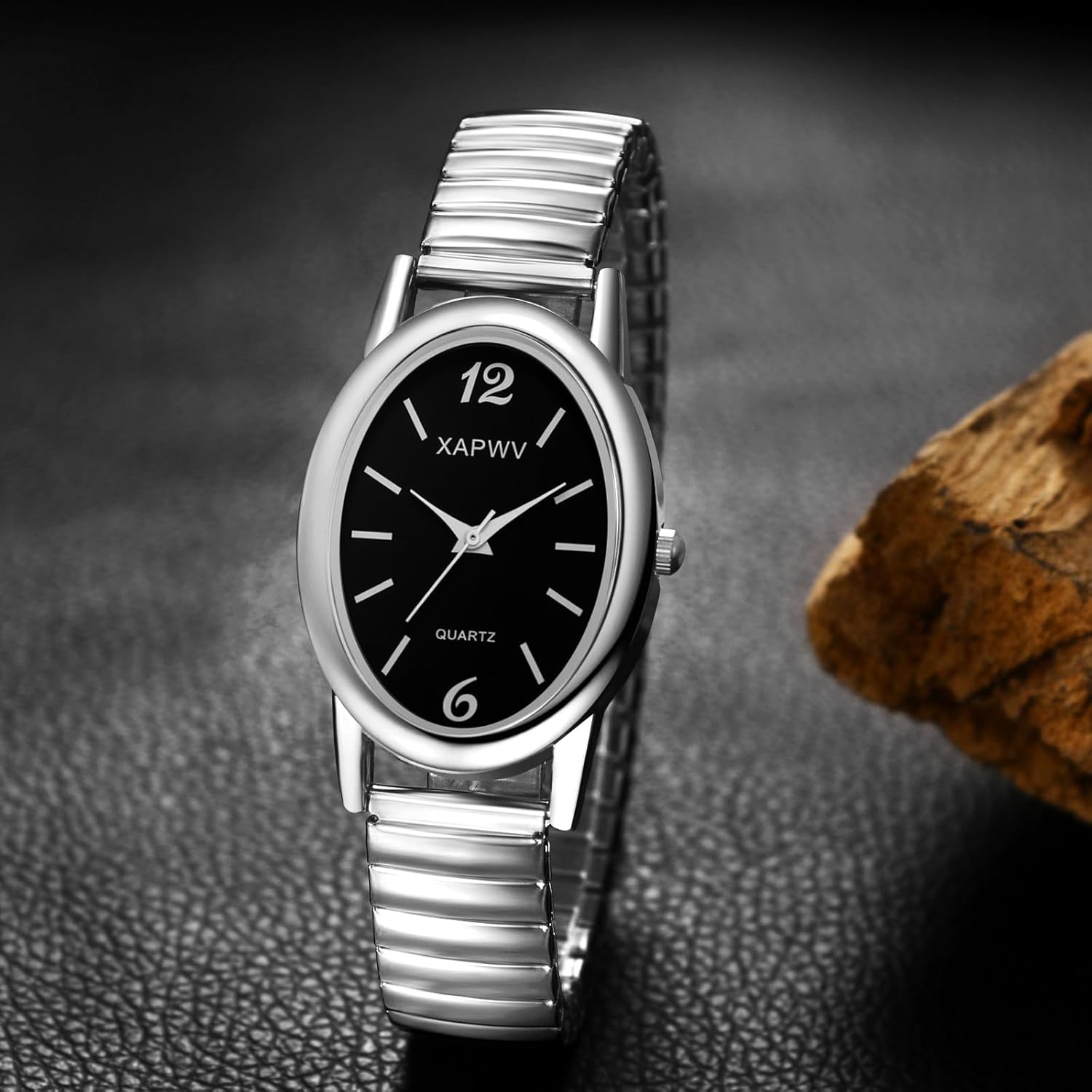 Detalle de Avaner Armbanduhr Damen Edelstahl Oval – Elastisches Band, Arabeische Ziffern, Quarzuhrenanalog 1 ATM
