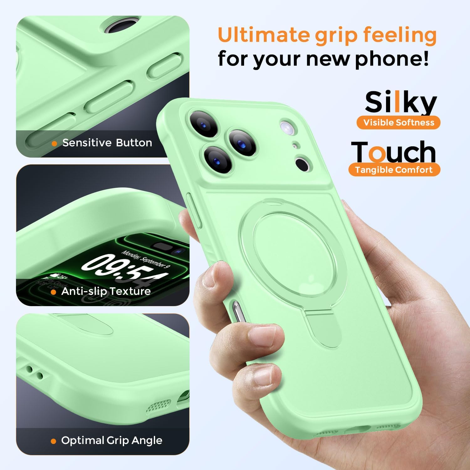 Detalle de MOCCA Design iPhone 17 Pro Case with MagSafe Invisible Magnetic Ring Stand — Military Drop Protection, Full Camera Guard, Translucent Matte Slim (Matcha Green)
