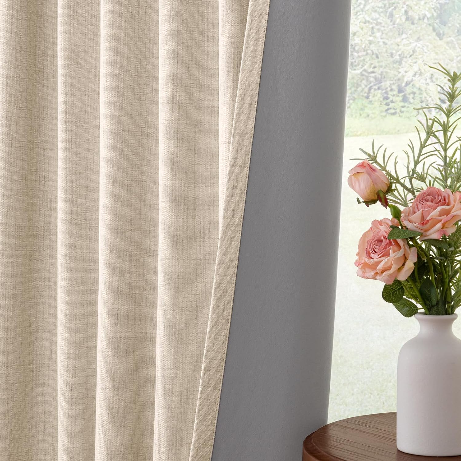 Detalle de INOVADAY 100% Blackout Curtains 2 Panels Set, 50x90, Oatmeal Linen, Back Tab/Rod Pocket, Thermal Insulated