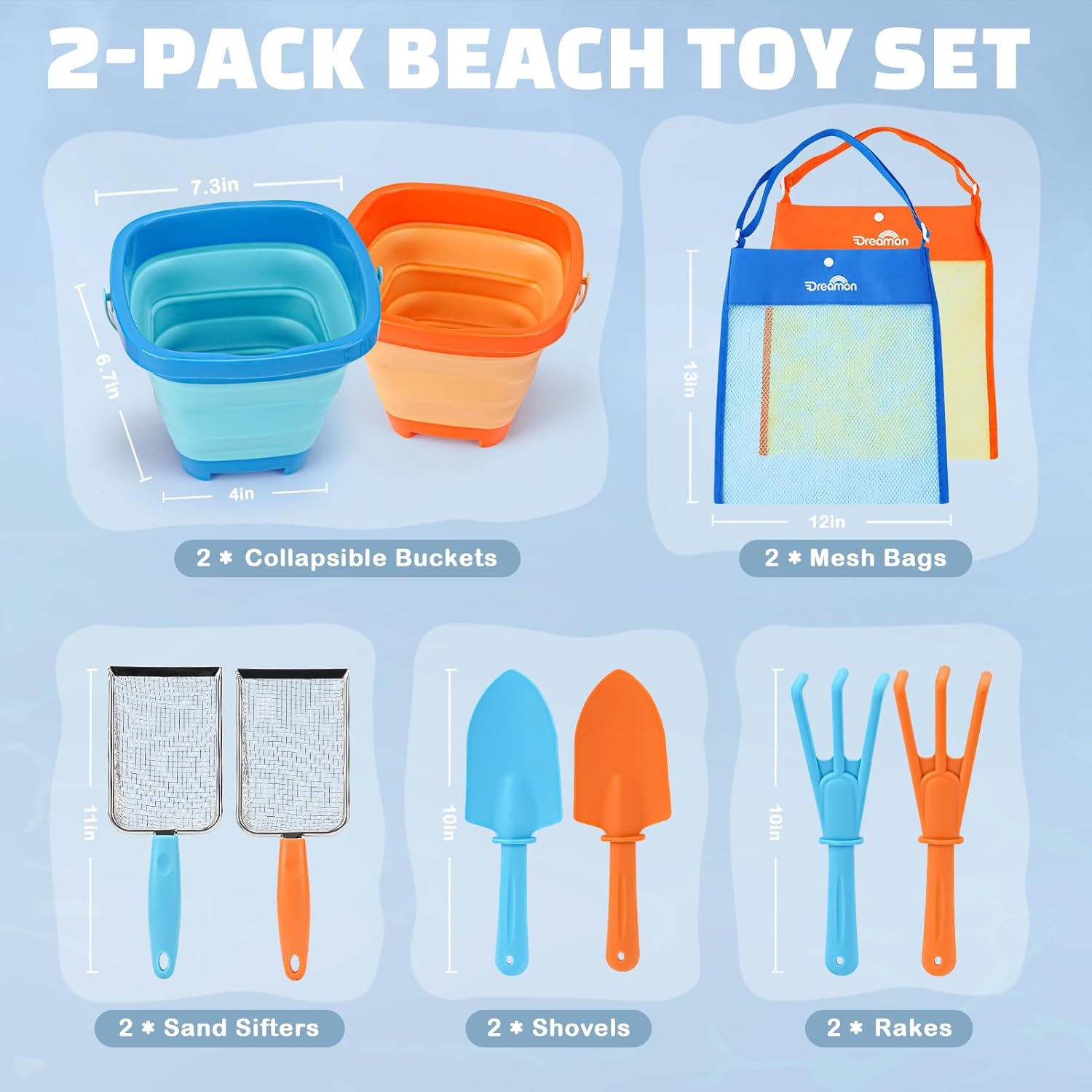 Thumbnail 1 de Dreamon Beach Sand Toys 2-Set: collapsible buckets, sifters, shovel & rake with seashell bag (kids 3–5)