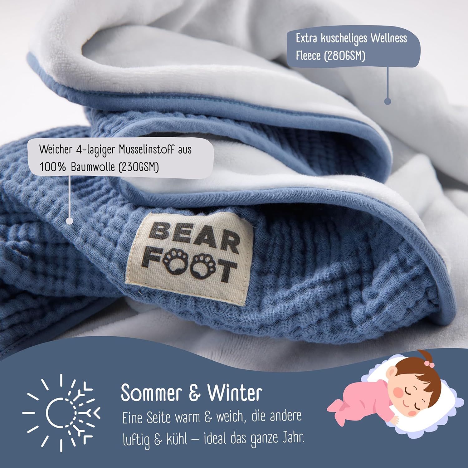 Thumbnail 2 de BEARFOOT Babydecke Musselin-Fleece Decke aus Baumwolle und Fleece – weich zum Kuscheln, Geburt, Kinderwagen & Reise