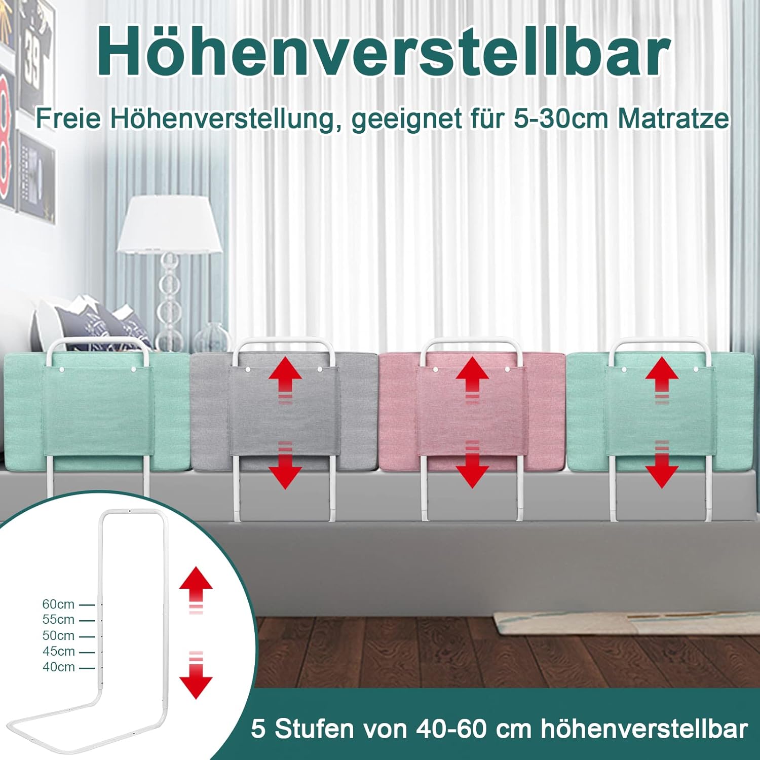 Thumbnail 4 de HENGMEI Bettgitter 180 cm – höhenverstellbares Absturzschutzgitter in Leinengrau