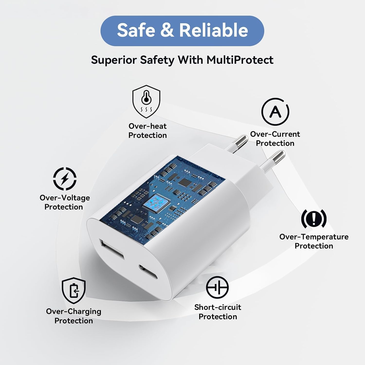 Detalle 2 de 2er Pack USB-C Ladegerät 25W mit 2 Ports – Schnellladen 1x USB-C 25W + 1x USB-A 15W, inkl. Kabel 2 m