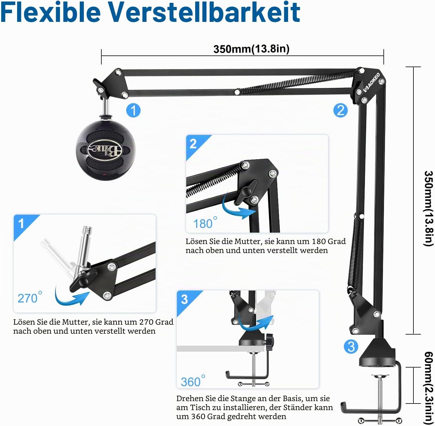Detalle 2 de Aokeo AK-35 Mikrofonarm für Blue Yeti, Snowball, QuadCast & Elgato Wave