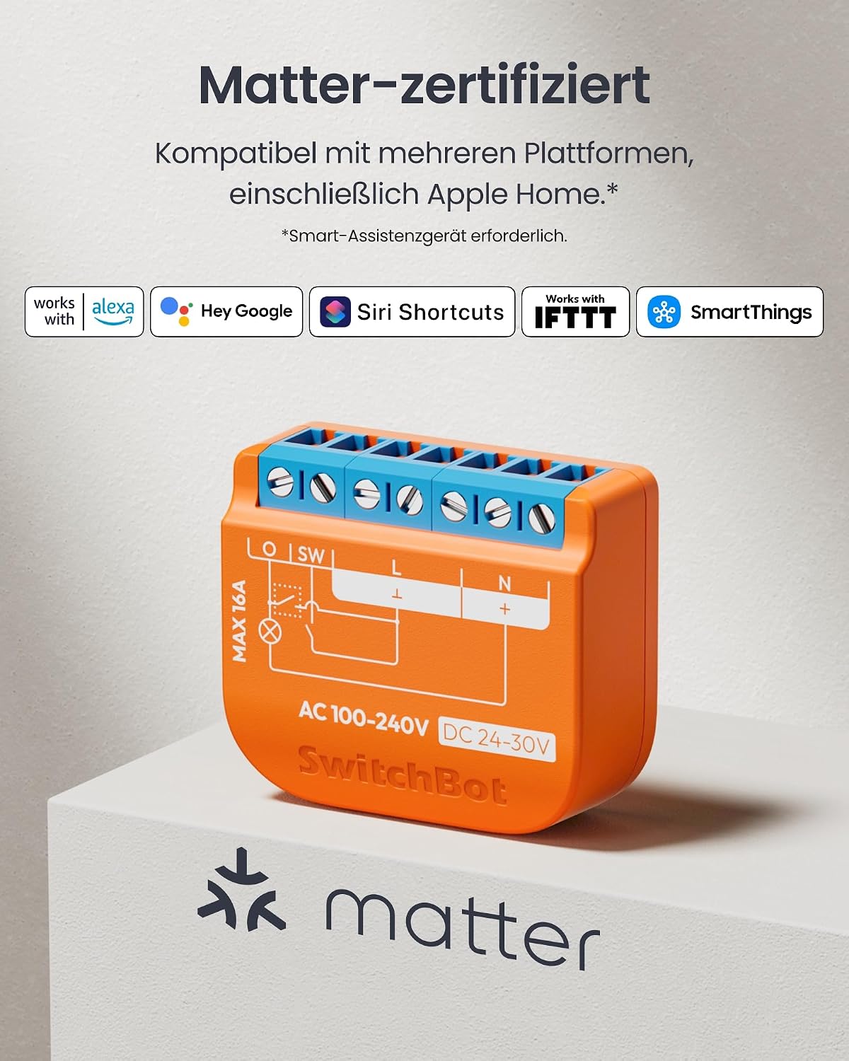 Detalle de SwitchBot Matter Relais Schalter 1PM – WLAN Smart-Relais mit Bluetooth-Repeater für Alexa, Apple Home & Google Home