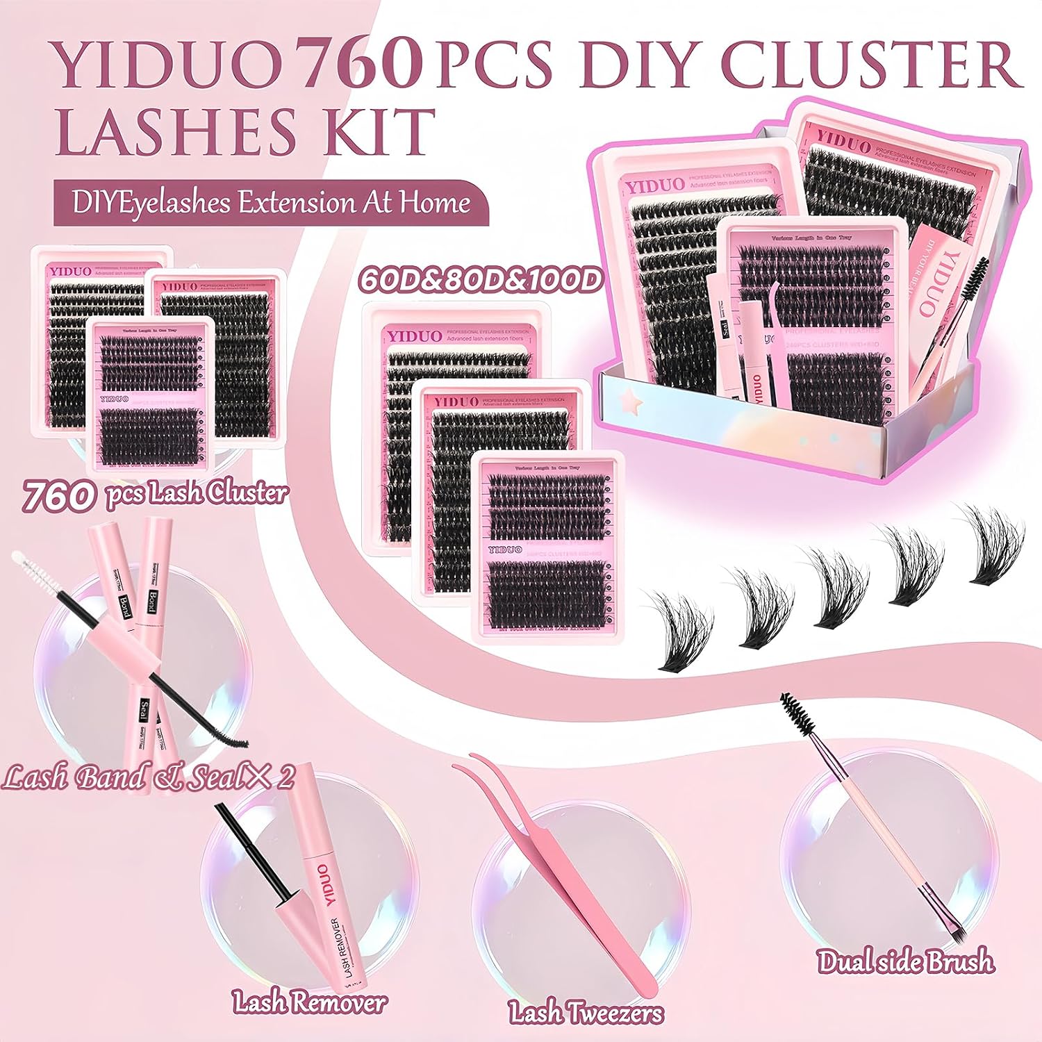 Thumbnail 6 de YIDUO Lash Clusters Kit with 2X Bond&Seal (760 pcs, 3 Styles: 60D+80D+100D) for DIY Natural Lash Extensions