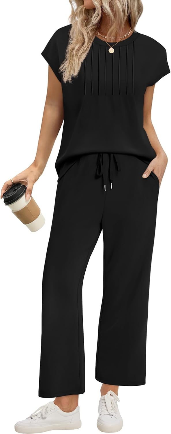 Thumbnail 1 de Sampeel Two-Piece Lounge Set for Women: Cap Sleeve Pleated Top & Cropped Wide-Leg Pants
