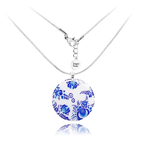 Detalle de Dragon Porter Pendentif Mandala Bohème Bleu et Blanc en Acier Inoxydable – Chaîne ajustable 50 cm