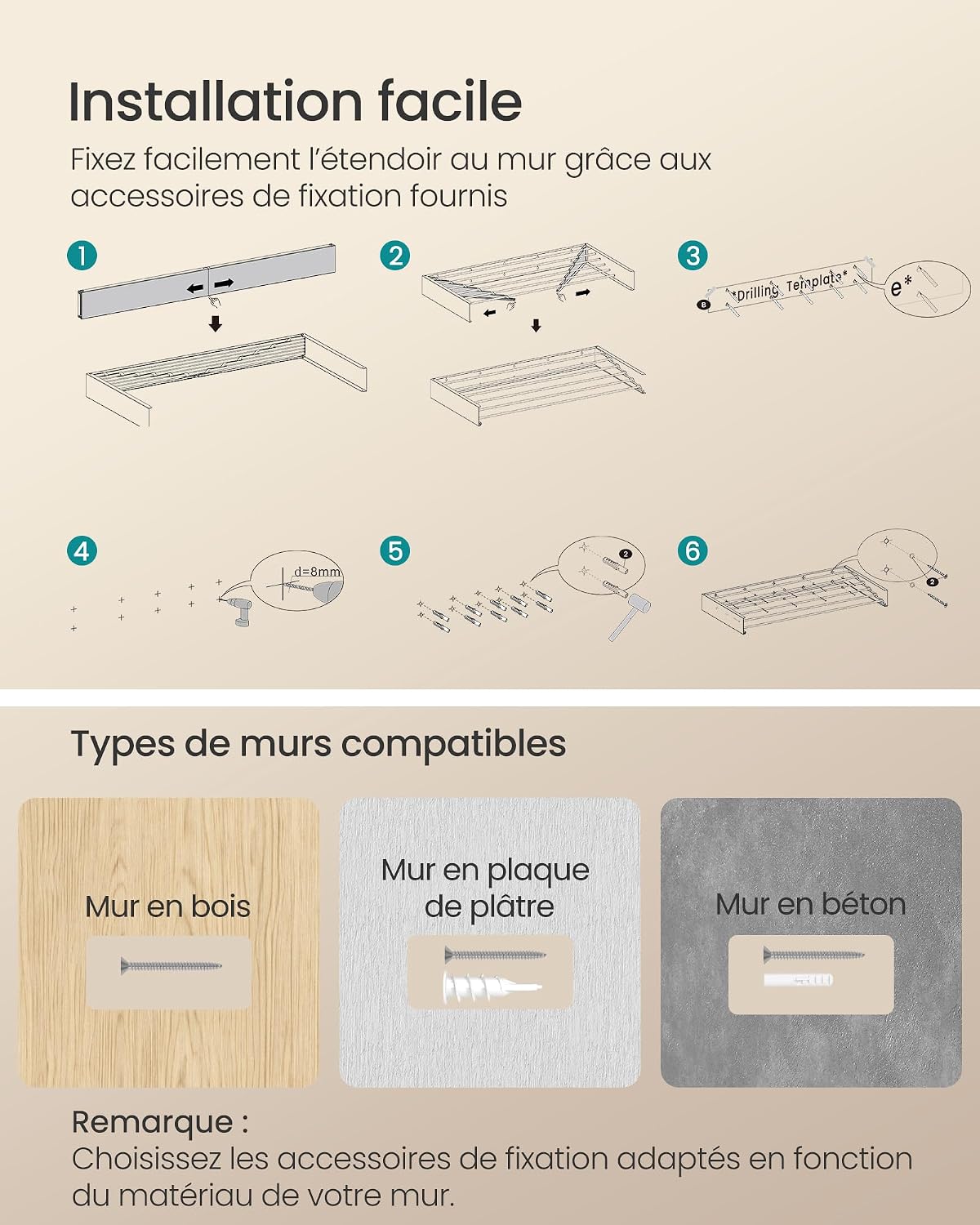 Detalle de SONGMICS Étendoir à Linge Mural Rabattable 5 Barres 80 cm – gain de place, aluminium, intérieur et extérieur