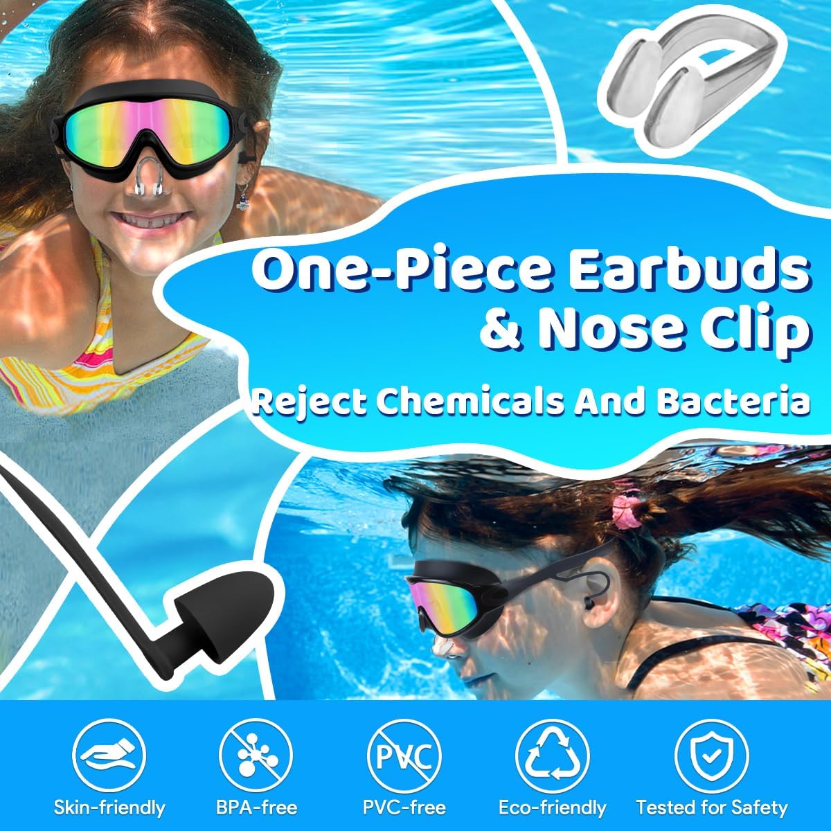 Detalle 2 de Vvinca Kids Swimming Goggles (2 Pack) with Earplugs, Nose Clip & Anti-Fog UV Protection for Age 3–15