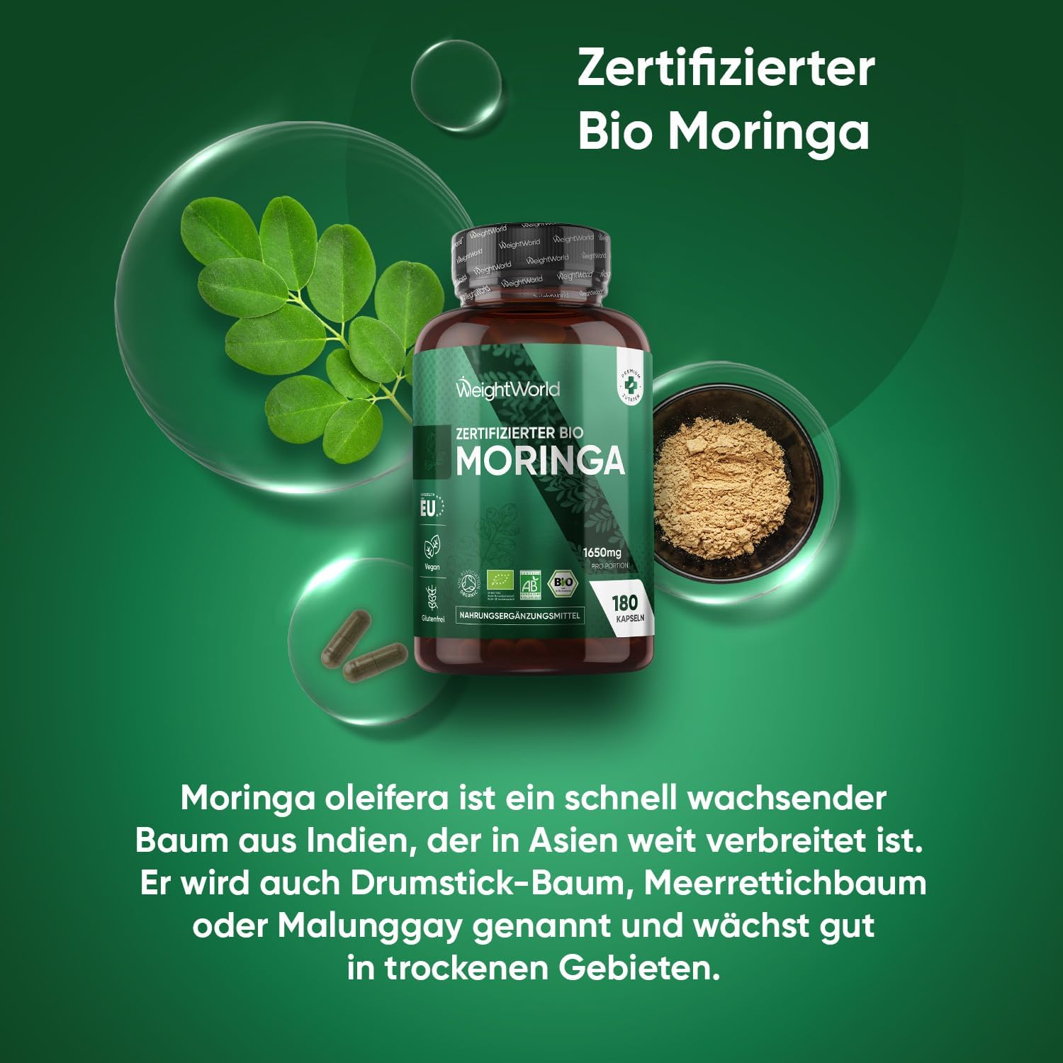 Thumbnail 1 de Bio Moringa Kapseln von WeightWorld – 180 vegane Kapseln mit 1650 mg Moringa täglich (3 Kapseln)