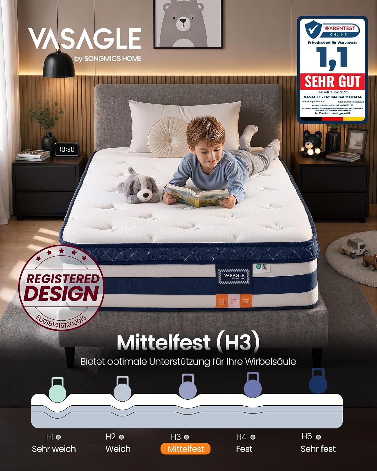 Detalle 2 de VASAGLE Matratze RMZ232Q101 – 90 x 200 x 25 cm, Taschenfederkern mit Gel-Memory-Schaumstoff, 7-Zonen, mittelfest