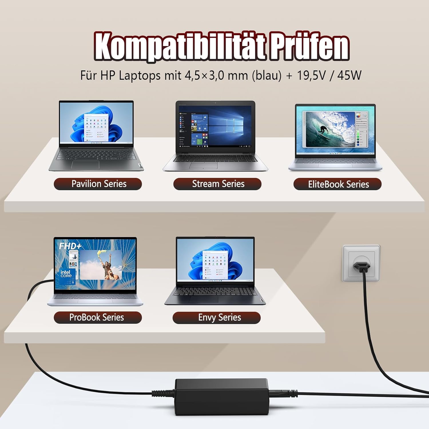 Thumbnail 3 de 45-Watt Laptop-Ladekabel Netzteil für HP (u. a. Pavilion X360 / EliteBook / ProBook) – 4,5 x 3,0 mm, kompatibel mit 741727-001