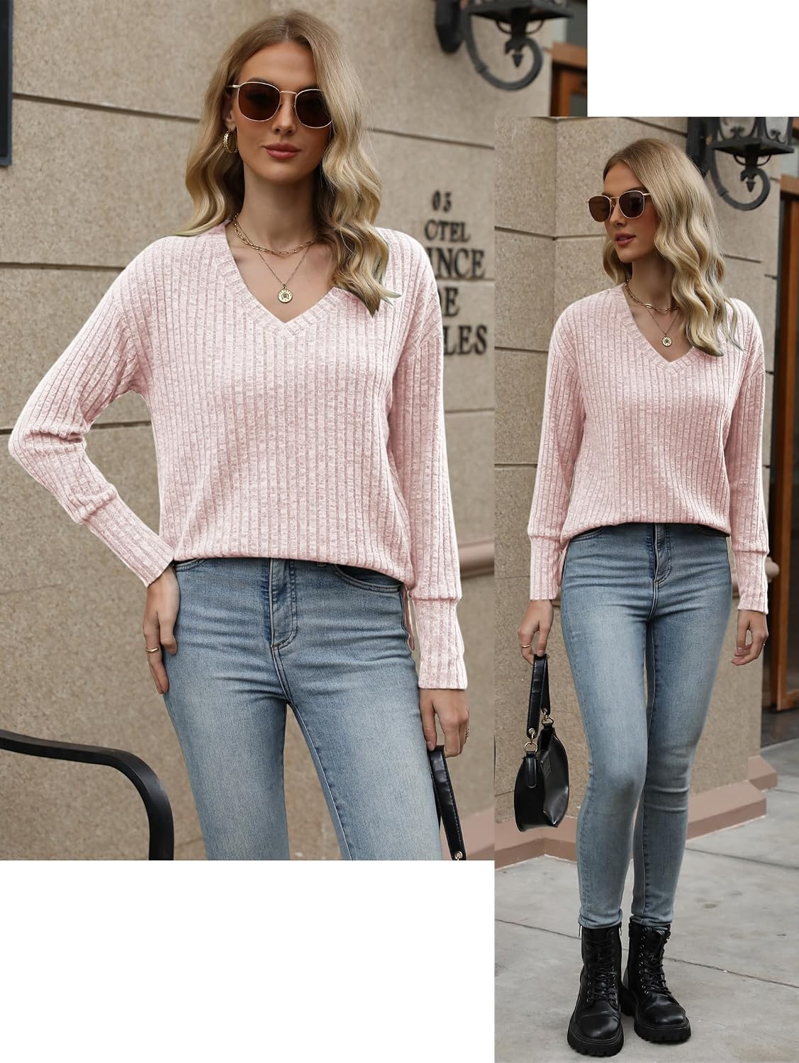 Detalle de Famulily Damen-Pullover mit V-Ausschnitt, Langarmstrick – vielseitig & bequem