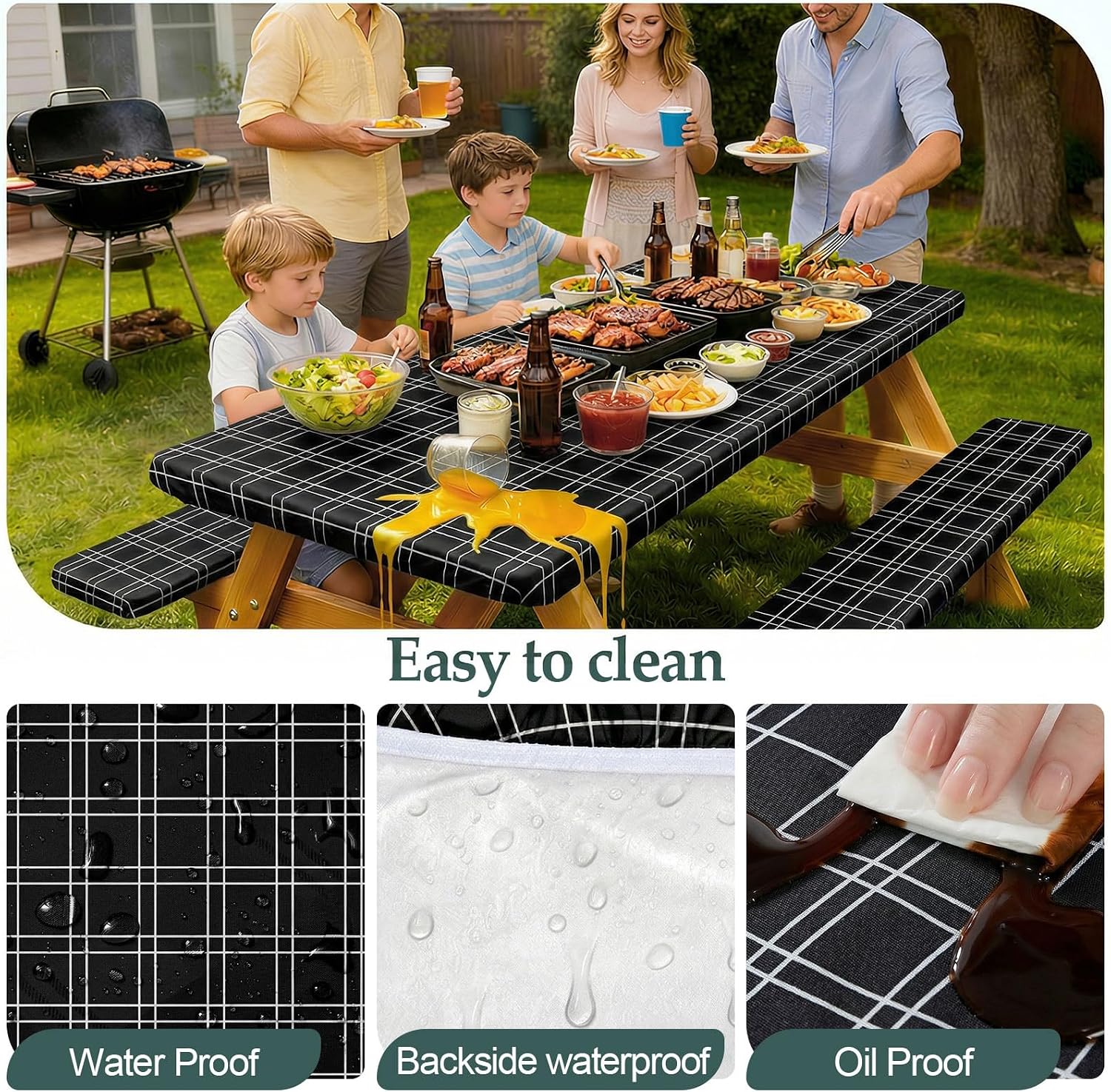 Thumbnail 3 de Picnic Table Cover with Bench Covers – Waterproof 72in Fitted Set for Standard 6-Ft Tables (Black Checkered)