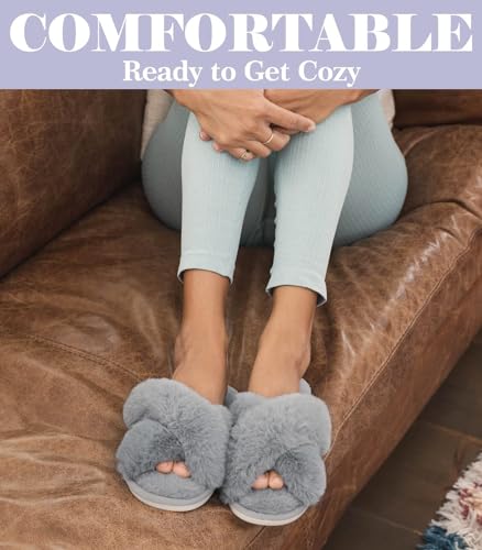Thumbnail 6 de Ankis Women's Cross Band Furry Open Toe Slippers with Memory Foam – Cozy Plush Indoor/Outdoor Shoes
