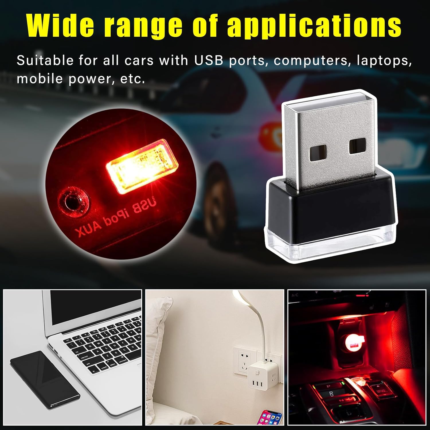 Detalle de Augeny 4 PCS USB LED Car Interior Atmosphere Lamp (Red) — Portable Plug-in Ambient Night Lights