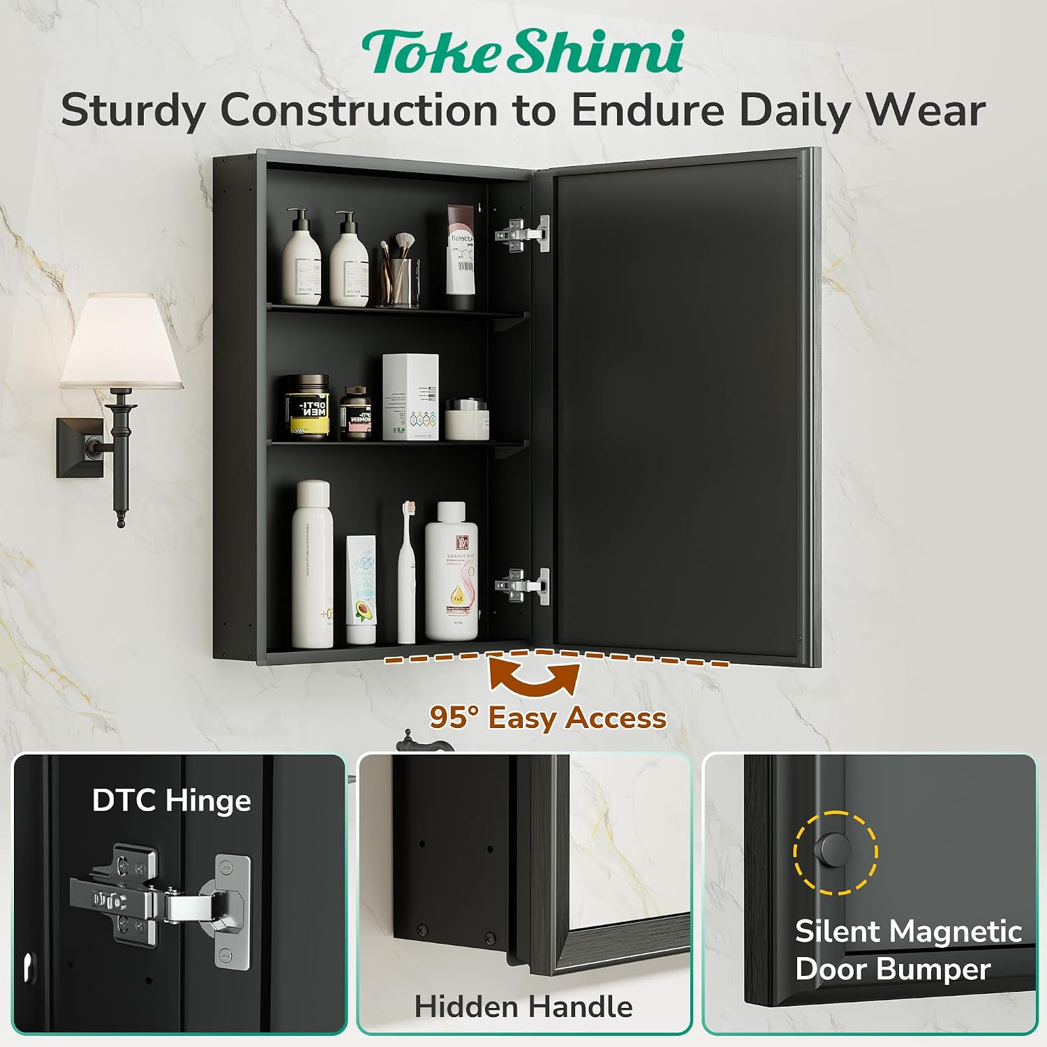 Thumbnail 3 de TokeShimi 40 x 32 Inch Black Medicine Cabinet with Mirror, 6 Adjustable Shelves