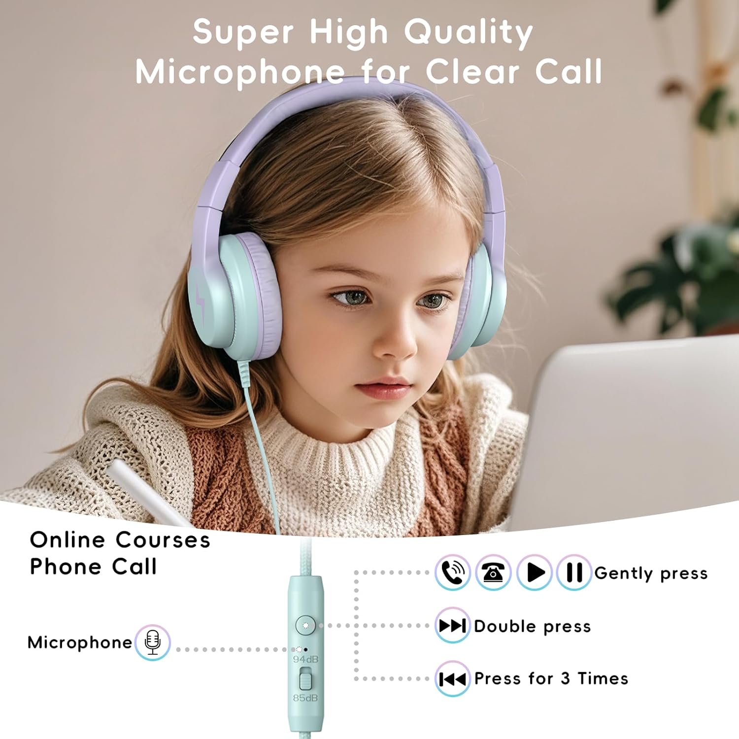 Thumbnail 2 de Candy Bila Kinder-Kopfhörer mit Kabel (85/94 dB) und HD-Mikrofon, Over-Ear, faltbar – Lila Farbverlauf