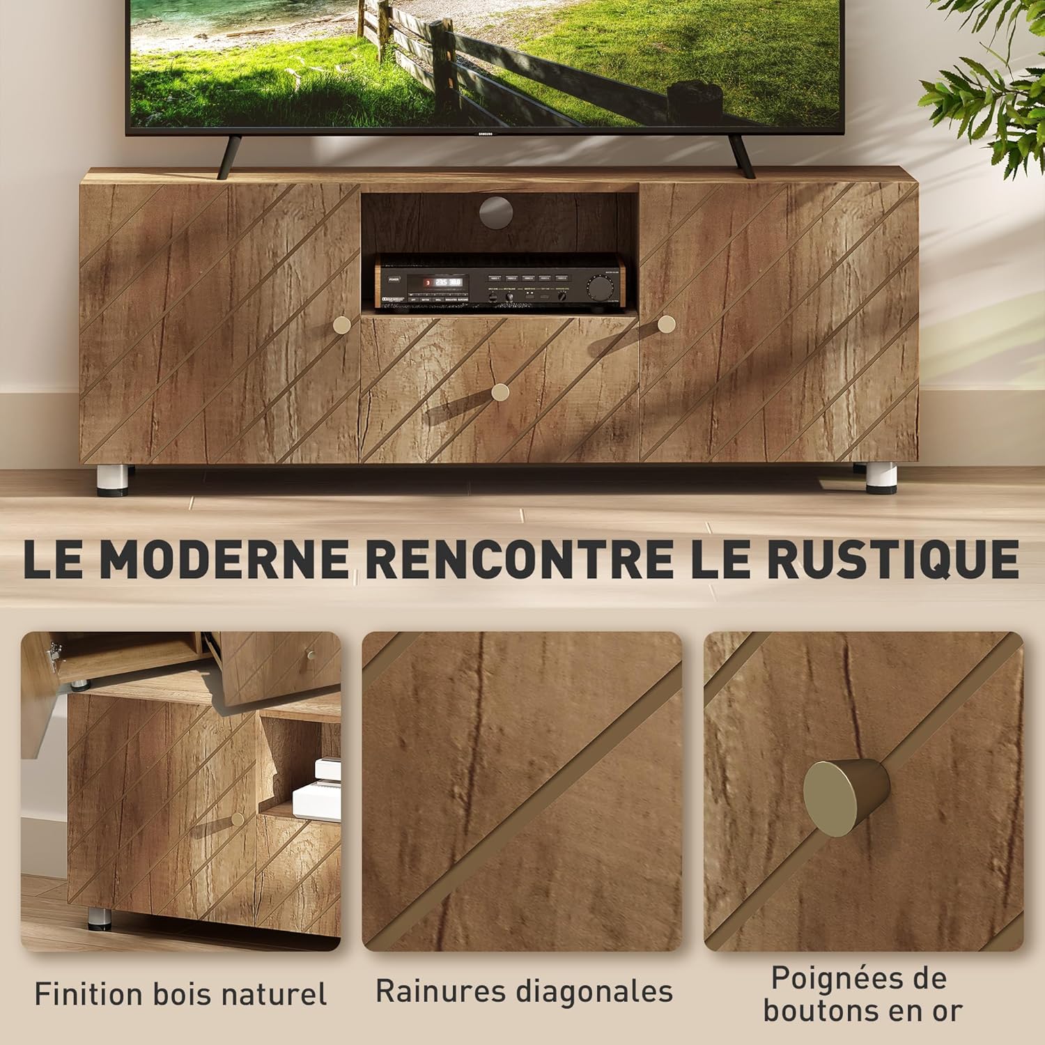Thumbnail 2 de HOMCOM Meuble TV en Bois Naturel – Banc TV 120 x 30 x 45 cm, jusqu’à 50 pouces, 2 armoires, compartiment ouvert et tiroir