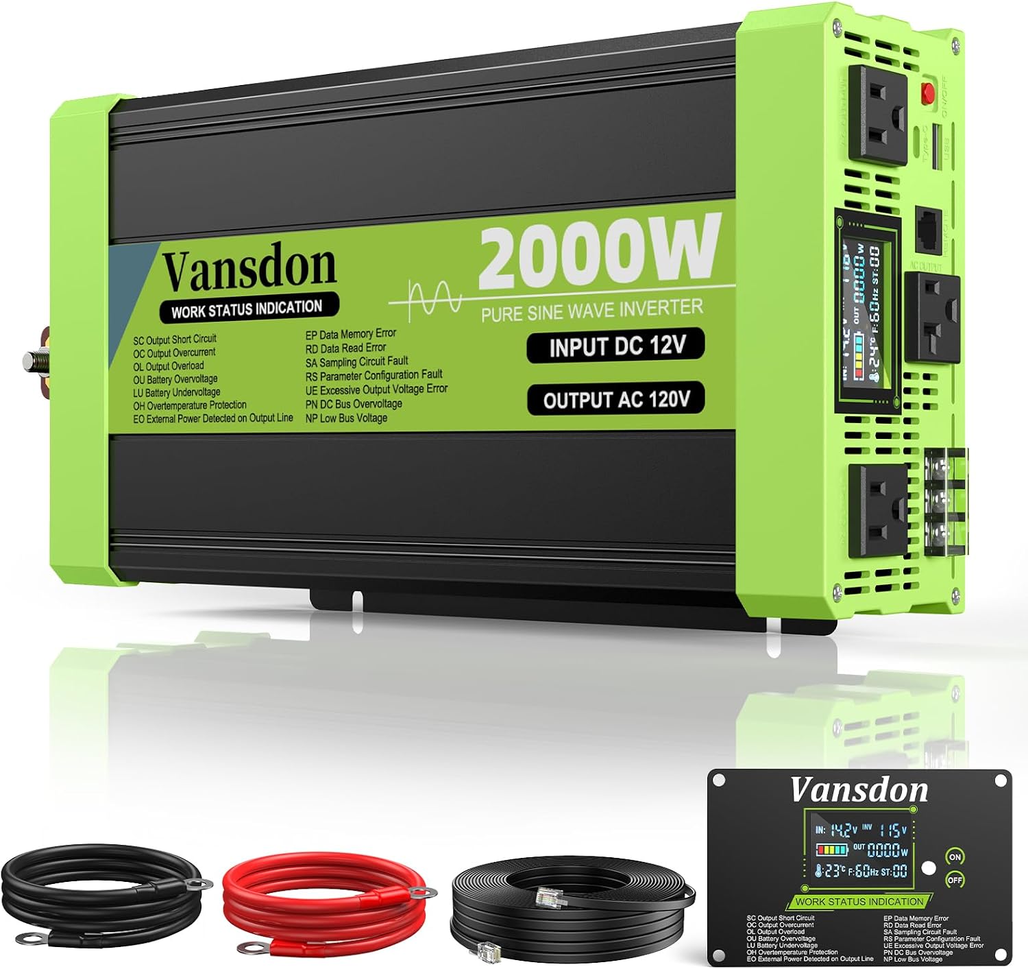 Detalle de Vansdon 2000W Pure Sine Wave Inverter (12V DC to 120V AC) for RV, Truck, Solar, Home Off-Grid Use