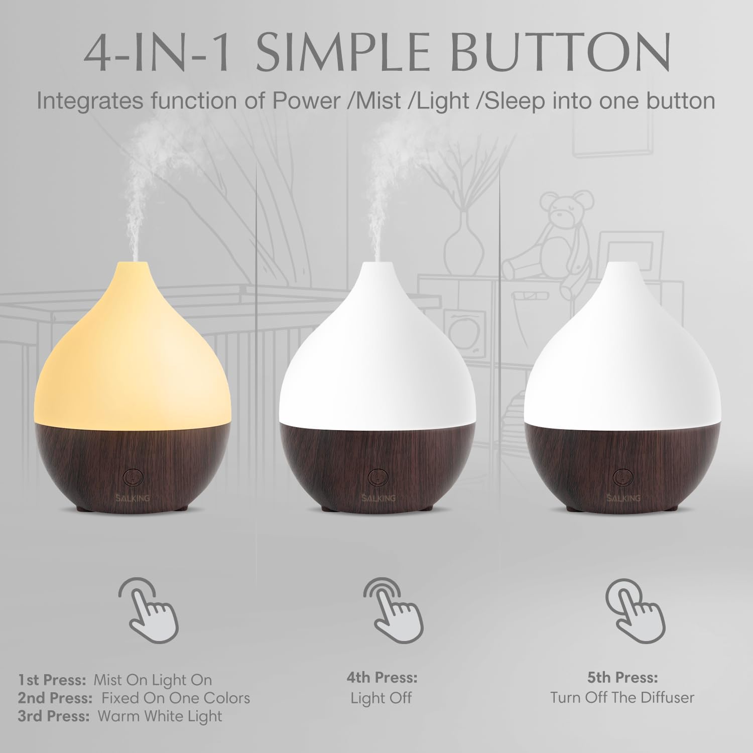 Thumbnail 3 de SALKING Essential Oil Diffuser 100ml – Small Ultrasonic Diffuser with Auto Shut-Off (Dark Wood)