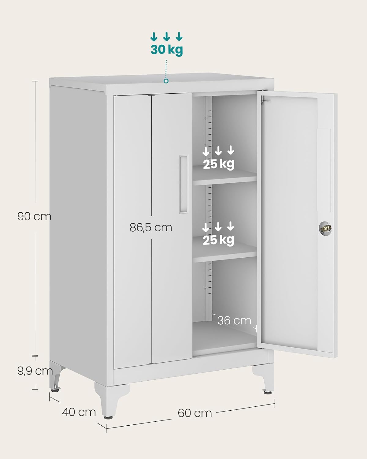 Detalle de SONGMICS Armadietto in Metallo OMC012G01: Armadio a 2 Ante, 40x60x90 cm, Serratura, Grigio Opaco