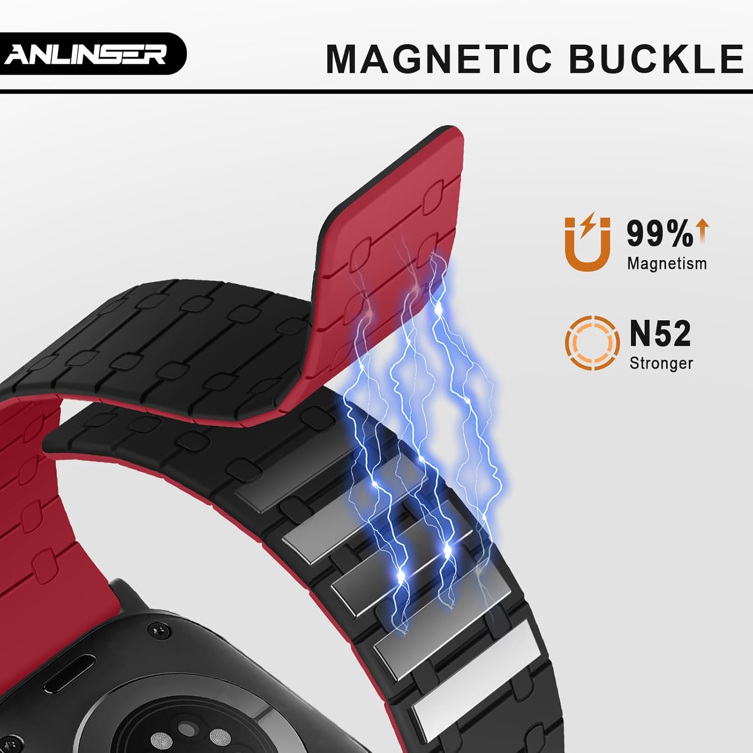 Thumbnail 3 de Anlinser Magnetic Silicone Watch Strap for Apple Watch Ultra & Series (49mm–42mm) in Red/Black