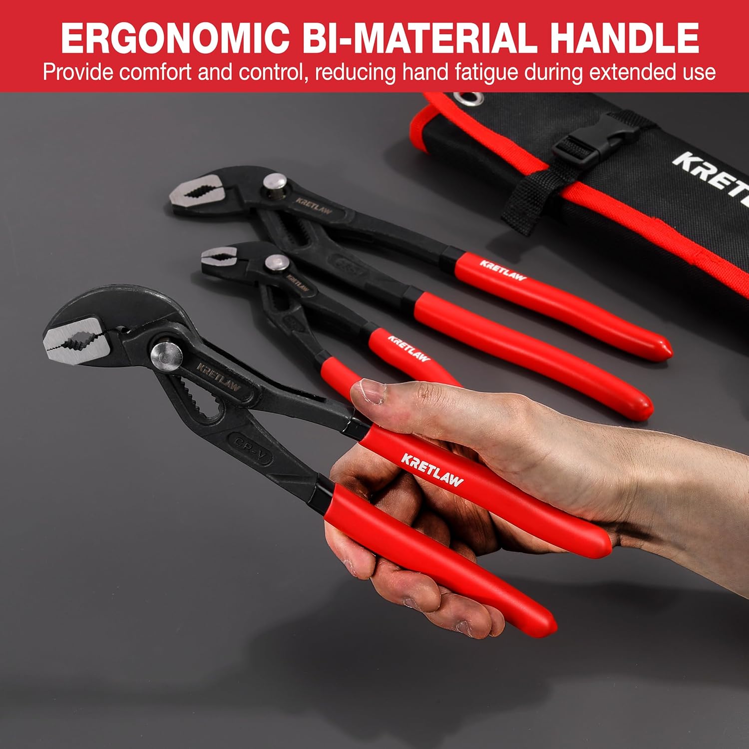 Thumbnail 5 de KRETLAW 3-Piece Groove Joint Pliers Set (180mm, 250mm & 300mm) with quick-adjust push-lock