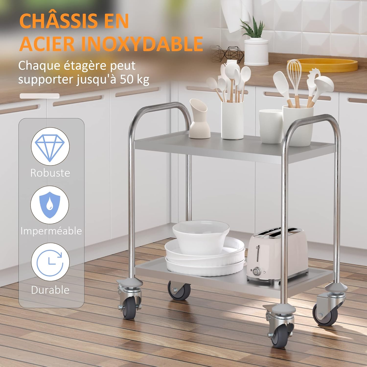 Thumbnail 5 de HOMCOM Chariot de Service et Desserte de Cuisine à Roulettes, 2 étagères, 80L x 45cm x 82H, Acier Inox chromé