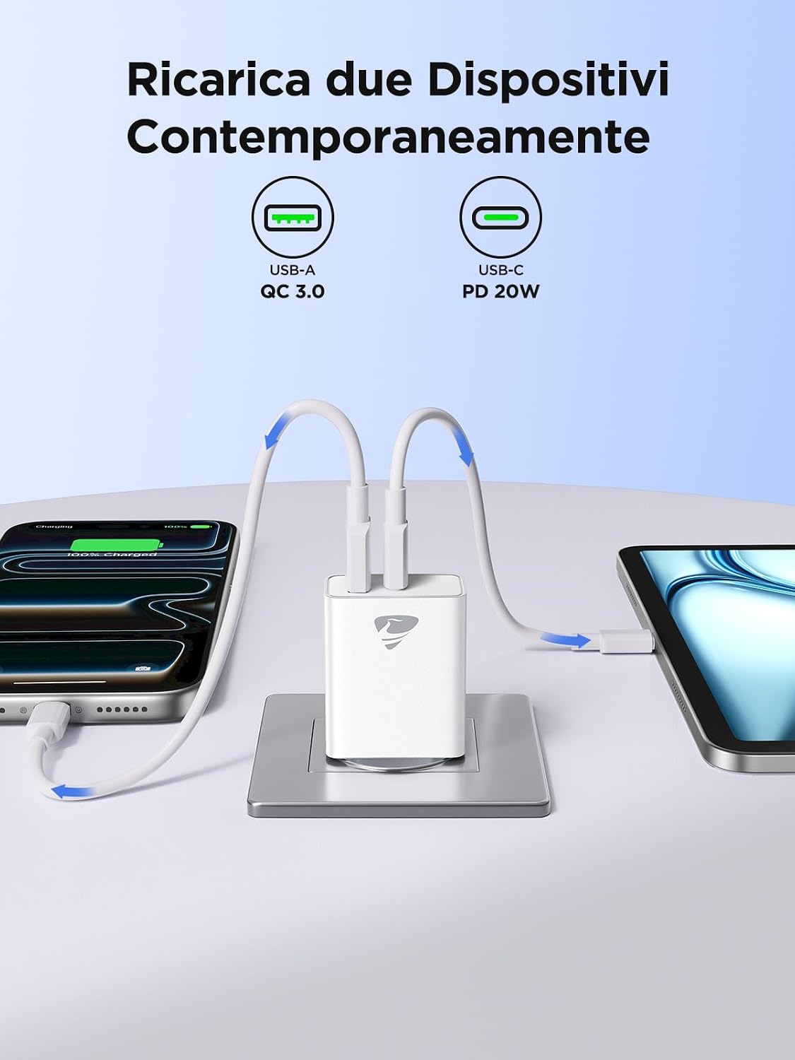 Detalle de Caricatore USB-C 20W a 2 porte 1x USB-C + 1x USB-A – alimentatore compatto per iPhone, Samsung, iPad e molto altro