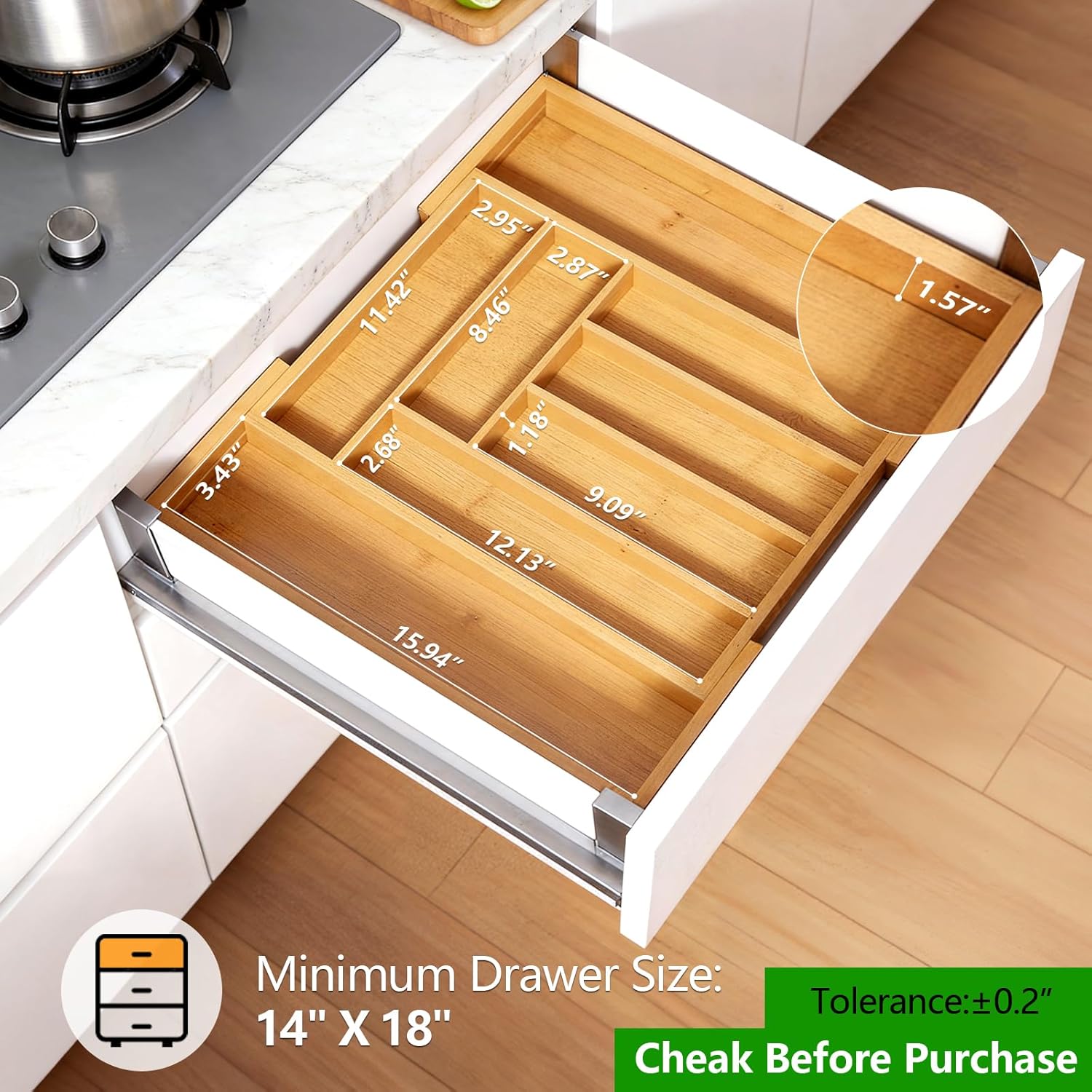 Thumbnail 1 de Pipishell Bamboo Expandable Silverware Drawer Organizer (Adjustable Utensil Tray)