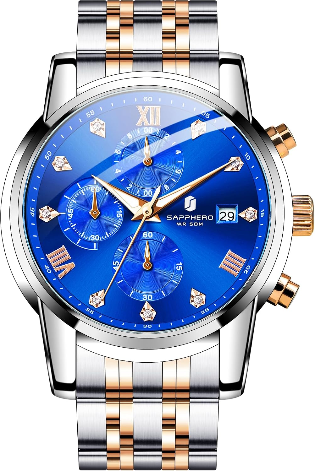 Detalle de SAPPHERO Herrenarmbanduhr Edelstahl, 50M wasserdicht, Chronograph, Datumsanzeige – stilvolle Quarz-Uhr