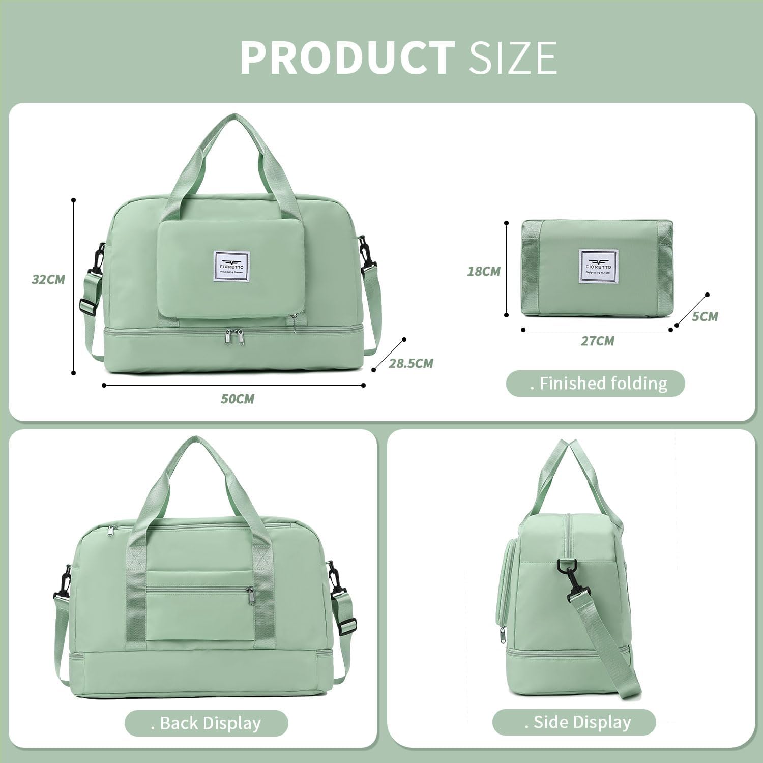 Thumbnail 1 de FIORETTO Womens Foldable Weekend Bag: Water-Resistant Duffle with Wet Pocket & Shoe Compartment