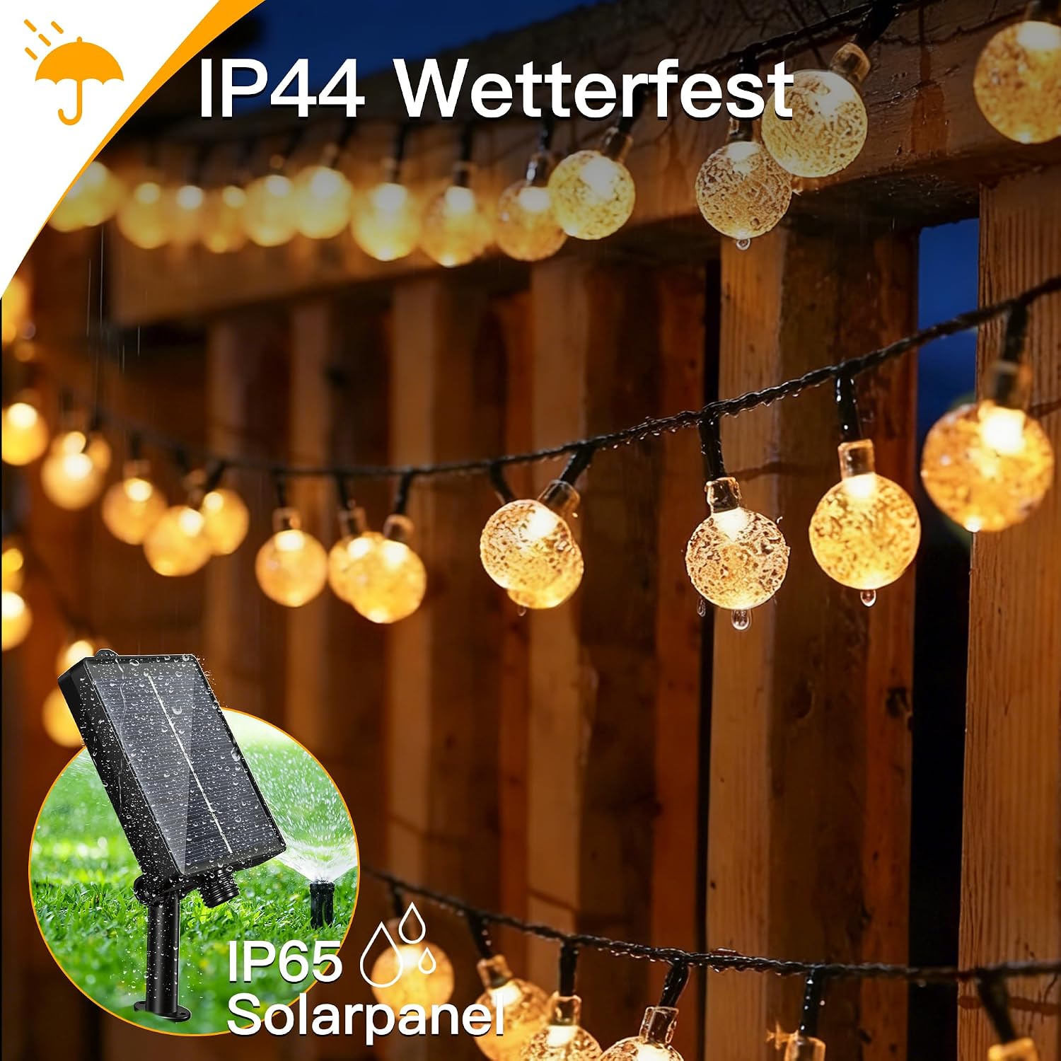 Detalle de Hopexy Solar Lichterkette Außen – 10 m, 100 LEDs, IP65/IP44, 8 Modi, Warmweiß
