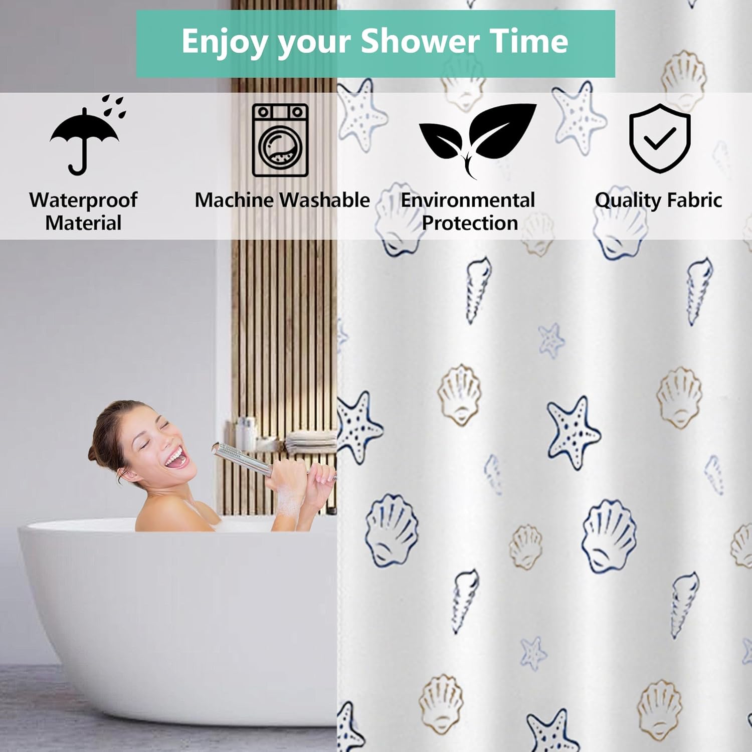 Thumbnail 1 de GERUIKE Extra Wide Weighted Shower Curtain 240 x 200 cm in White Ocean World pattern