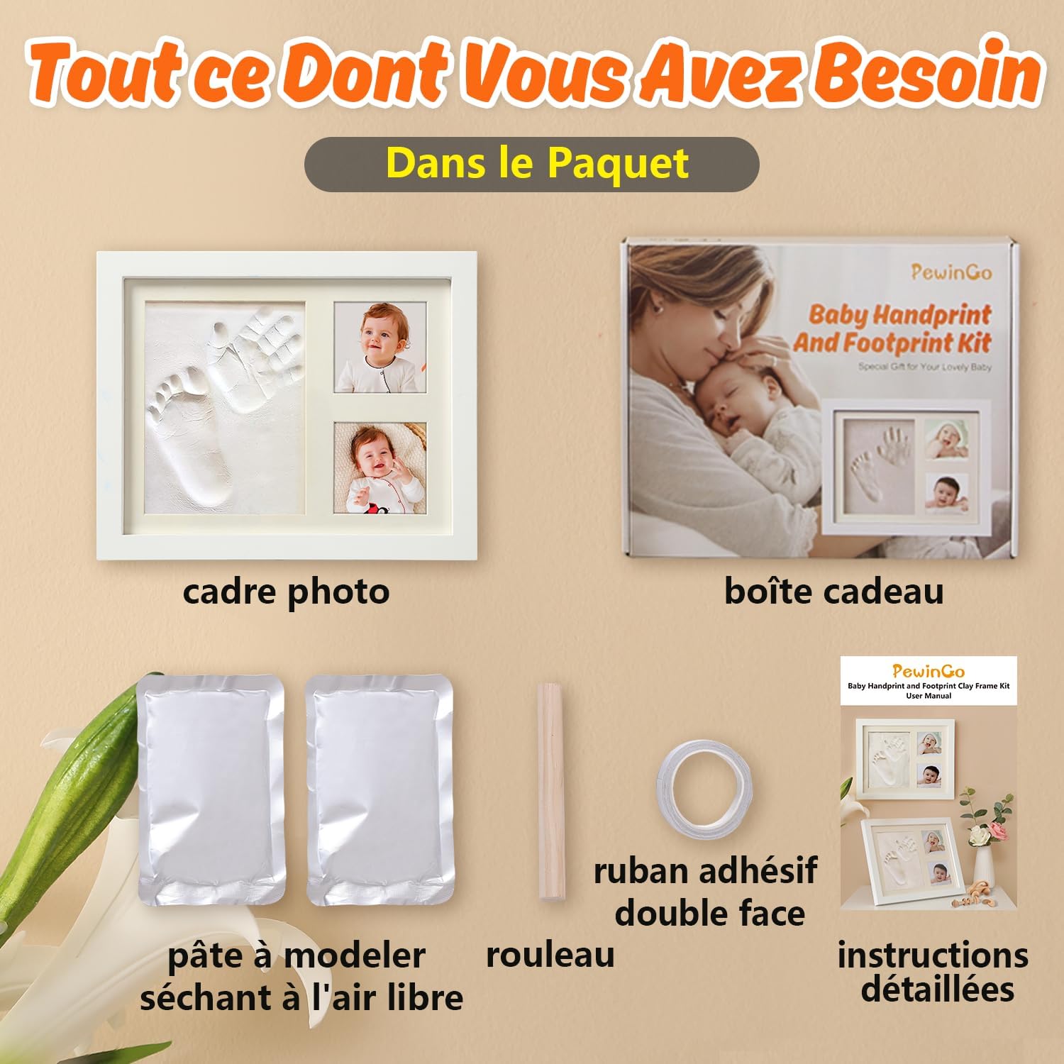 Thumbnail 6 de PewinGo Cadre Empreintes Bébé — Kit d'empreintes pieds et mains personnalisé, cadre photo bois blanc