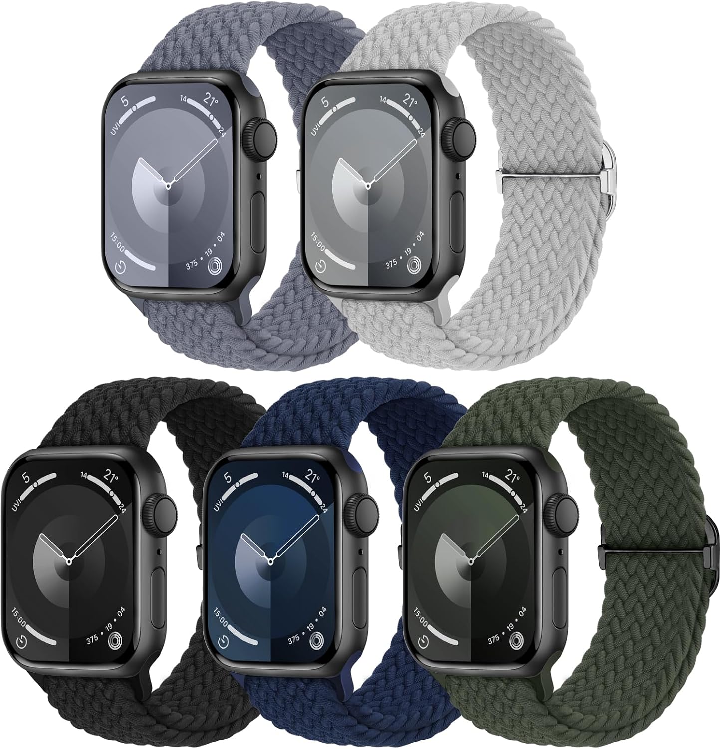 Detalle de Raradev 5-Pack Braided Elastic Sport Loop Bands for Apple Watch (Women) — 40/41/38/42/44/45/46/49mm Compatible
