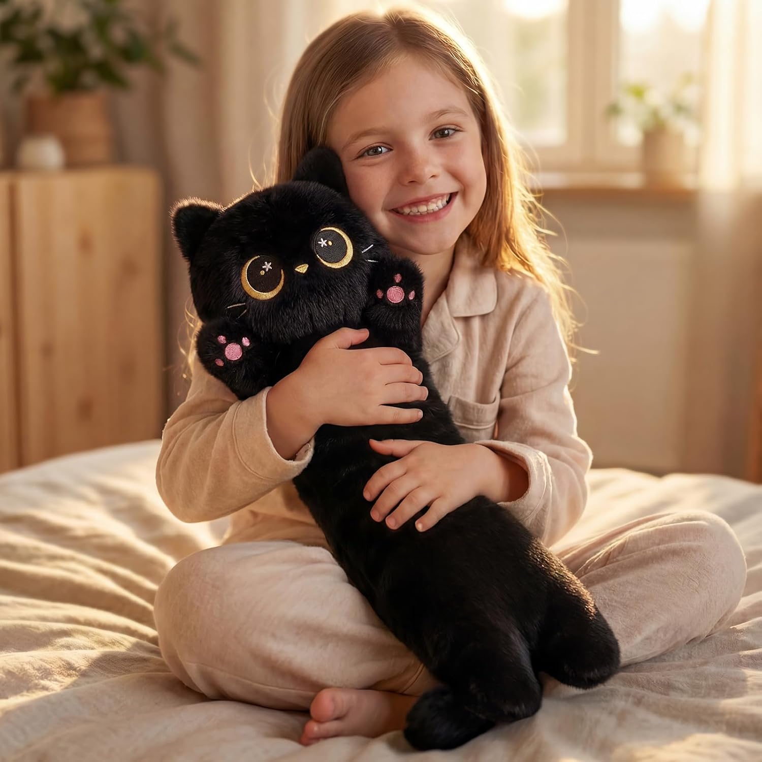Detalle de Mewaii 44in long cat plush body pillow (Black Cat) for hugging, lounging and sleep