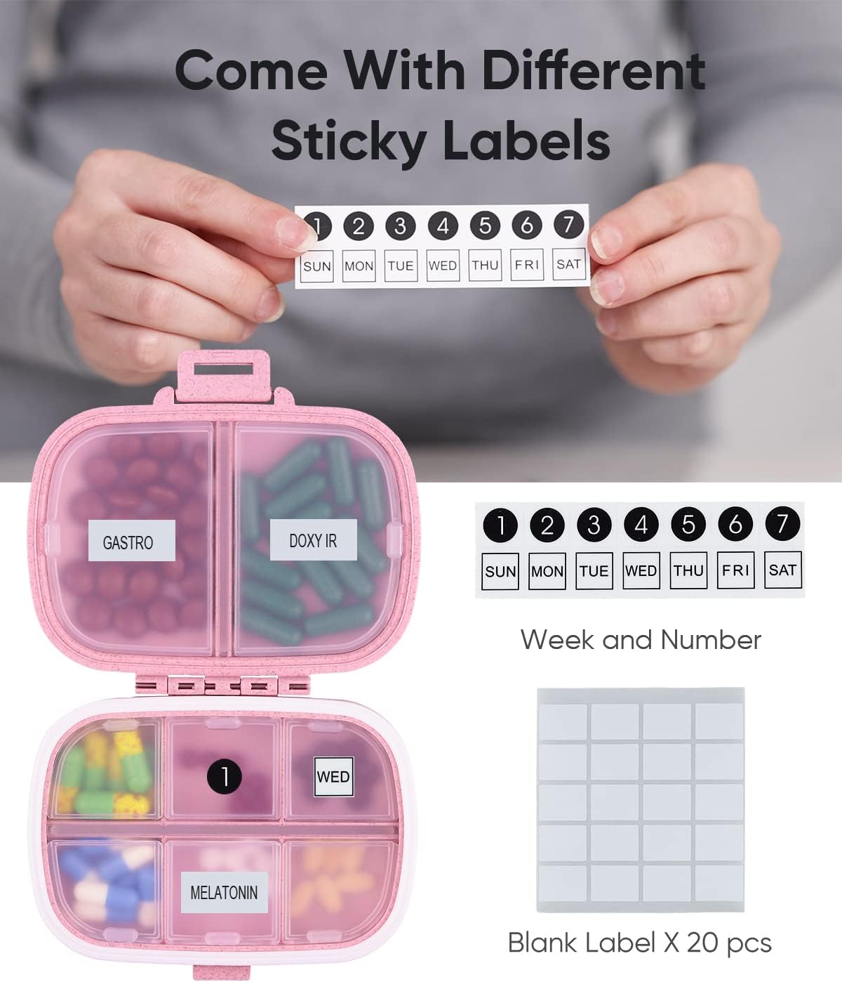 Detalle 2 de Holii YH-002 Travel Pill Organizer, Pink 8-Compartment Portable Case