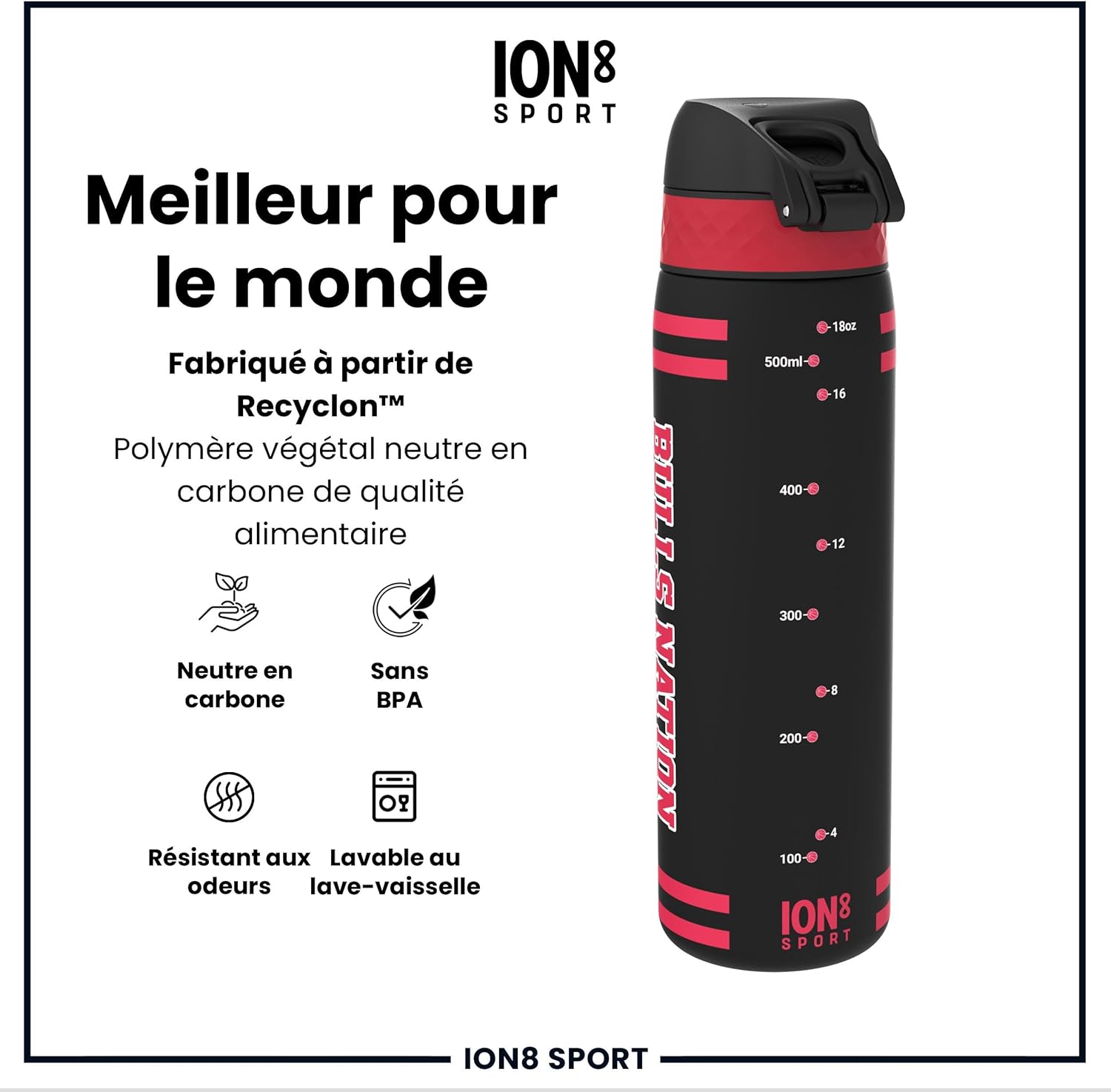 Detalle de Ion8 NBA Chicago Bulls Gourde 500 ml – Anti-Fuite, Sans BPA et Lavable au Lave-vaisselle