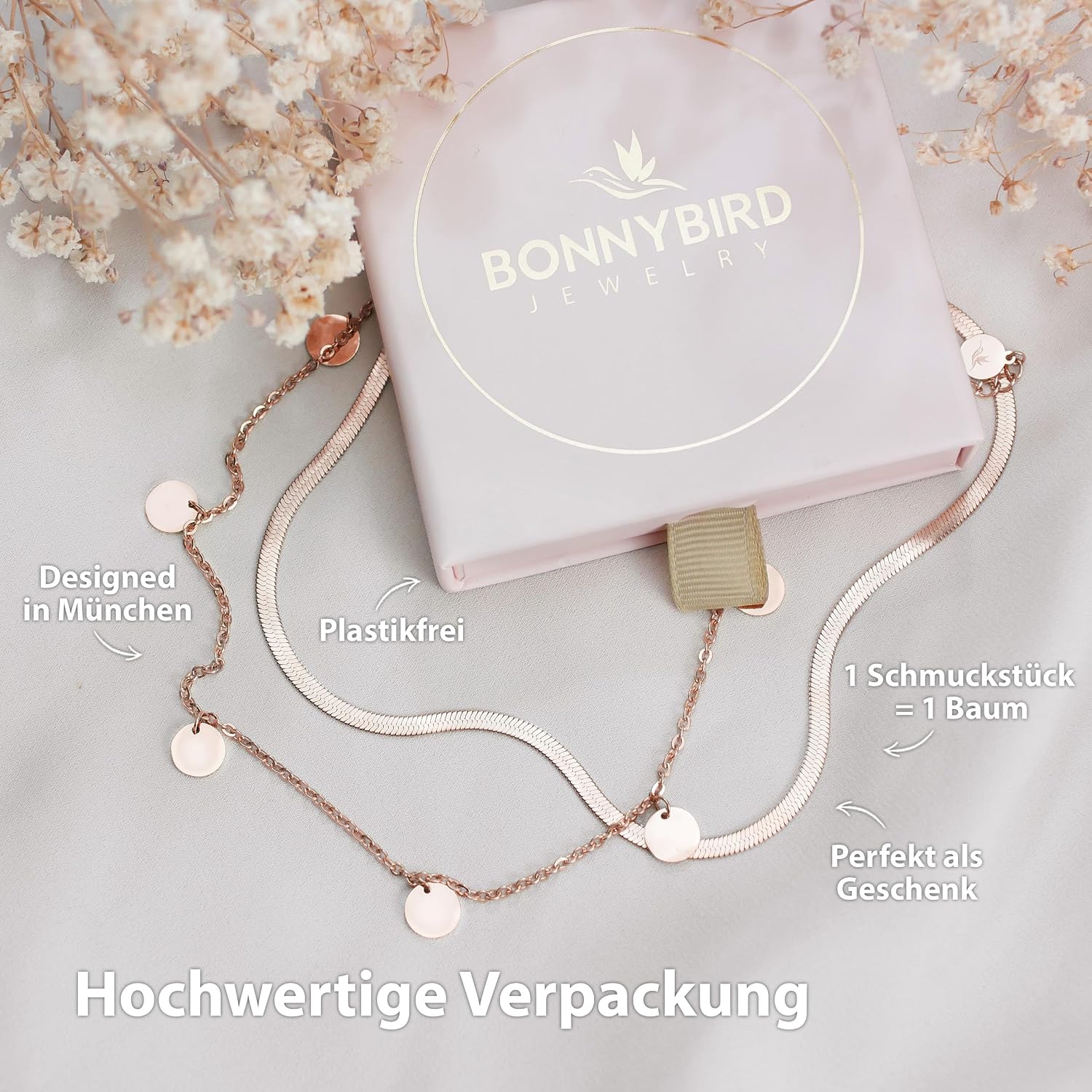 Detalle de BONNYBIRD BonnySnake Wasserfeste Edelstahl Halskette für Damen in Silber, Gold & Roségold (316L)