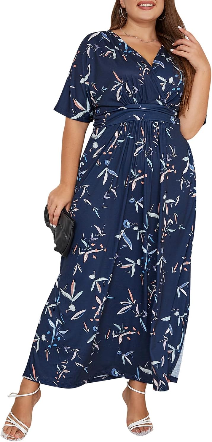 Detalle de Keluummi Women's Plus Size Floral Maxi Dress with V-Neck, 3/4 Sleeves and Pockets