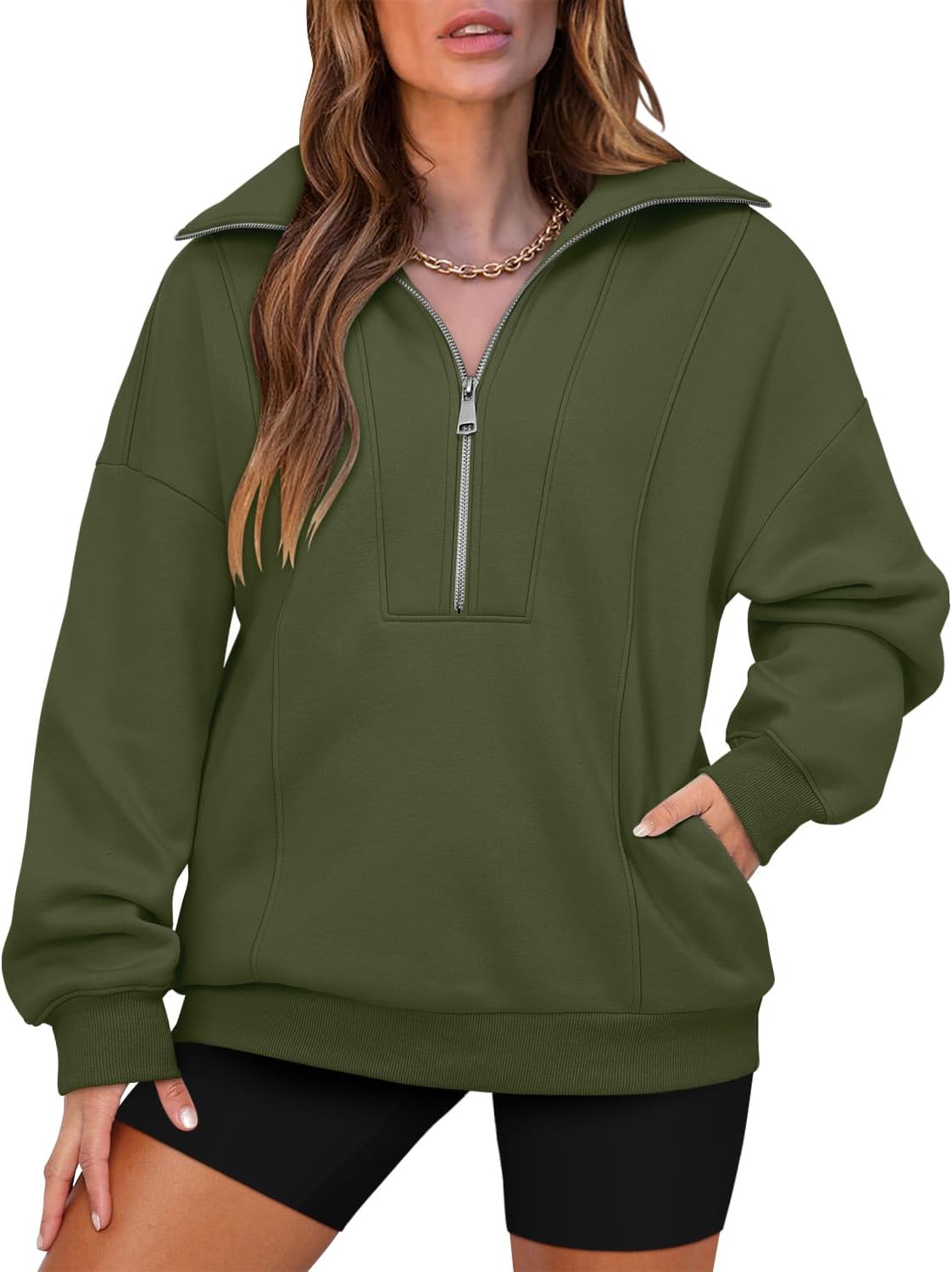 Detalle de onlypuff Women's Half-Zip Pullover Hoodie, Oversized Long-Sleeve Fit with Pocket