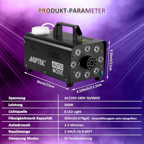 Detalle de AGPTEK Nebelmaschine Nebel Maschine mit Fernbedienung und LED Licht – kompakte Lösung für Veranstaltungen