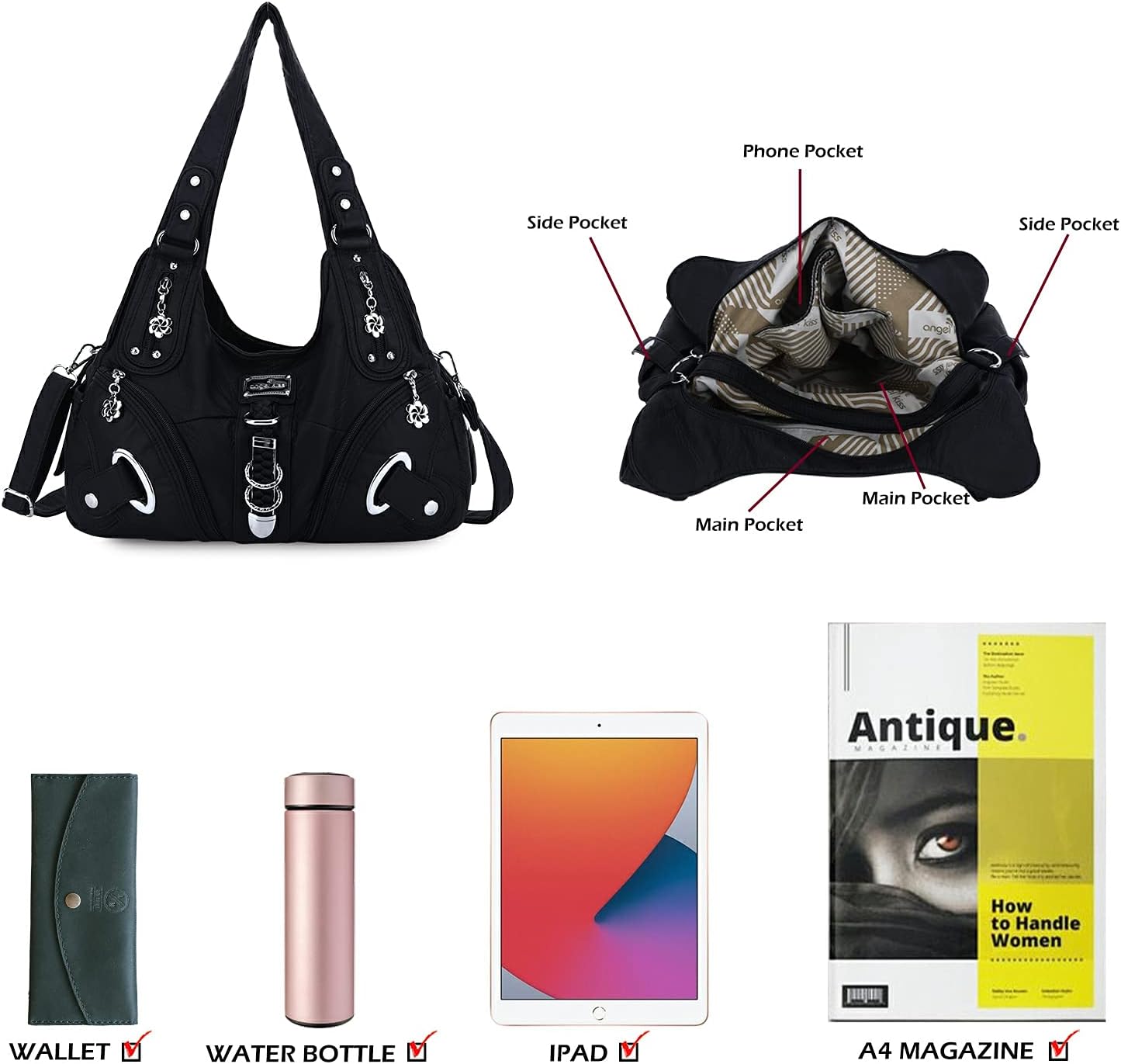 Thumbnail 3 de Angel Kiss Damen Schultertasche Hobo Tasche – großzügig, organisiert und vielseitig