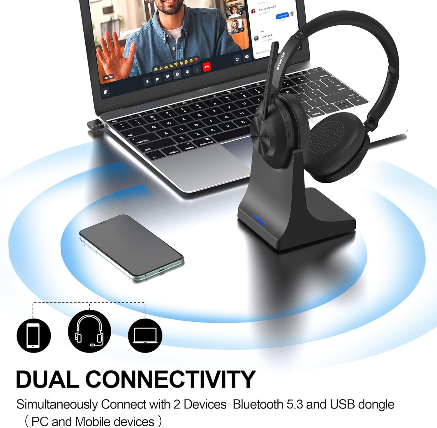 Thumbnail 2 de Voistek Wireless Headset with Microphone and USB Dongle – 50H Battery, AI Noise Cancelling Mic, USB Dongle & Charging Dock