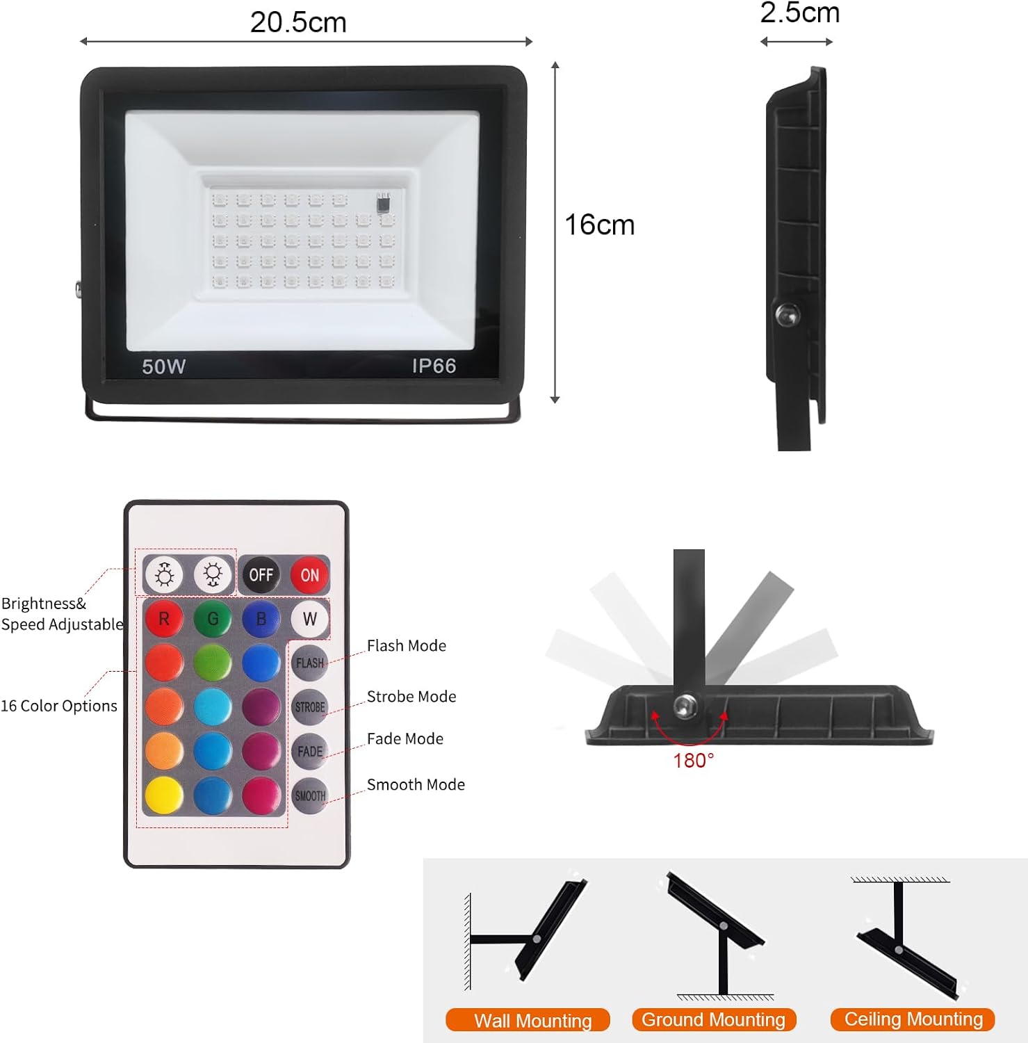 Detalle de JBdusn LED-RGB RGB-ledschijnwerper 50 W, IP66, 16 kleuren